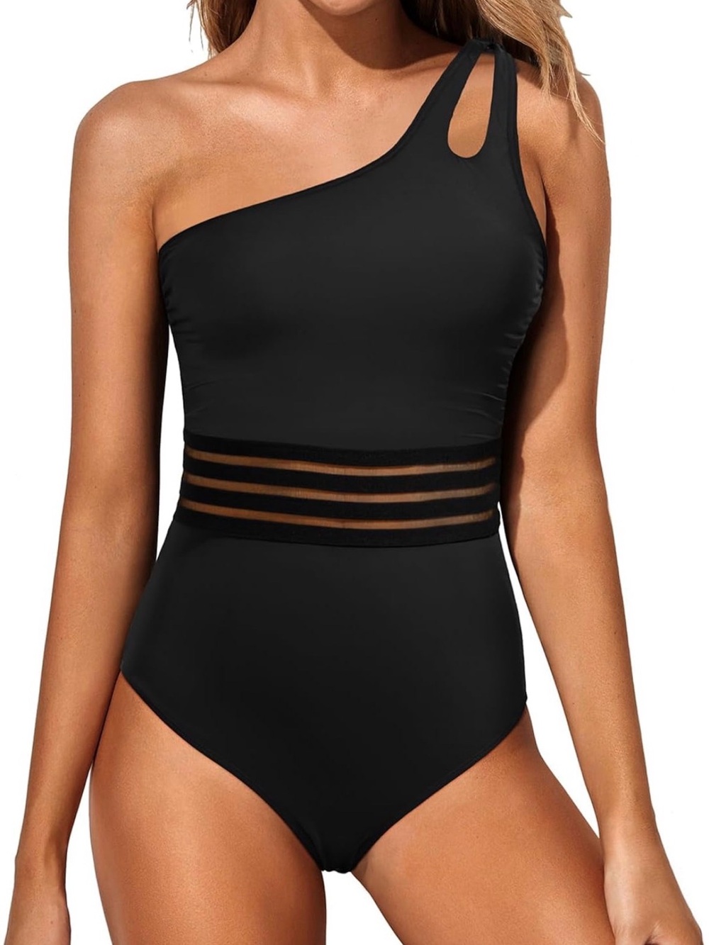 Asymmetric One-Shoulder Black One-Piece Swimsuit with Sheer Waistband